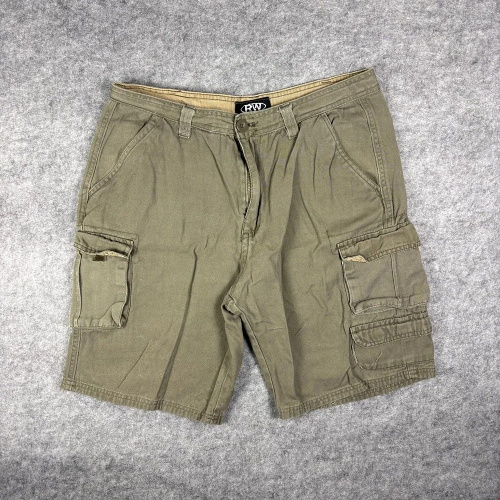 Rugged Wear Mens Cargo Shorts Olive Green Cotton Twill Workwear Size 34